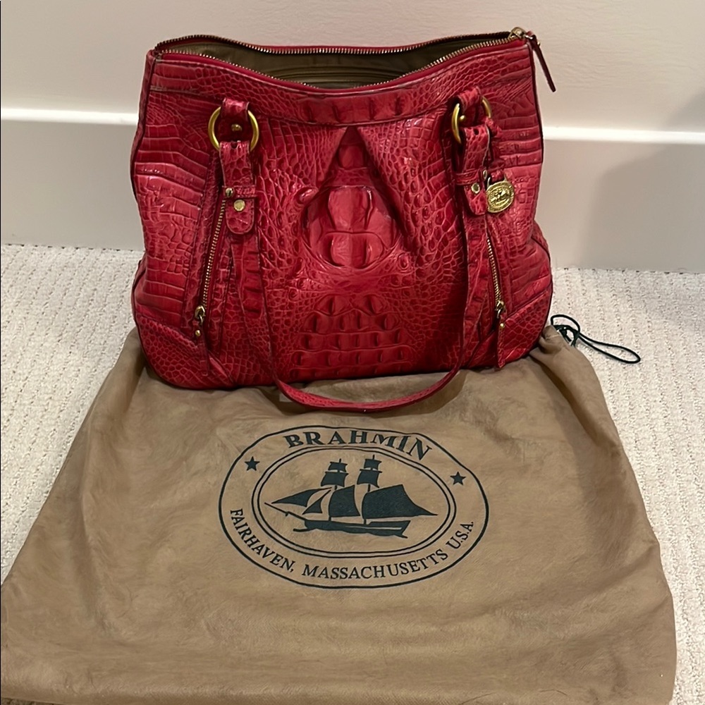 Brahmin Red Embossed Leather Shoulder Bag with Gold Hardware